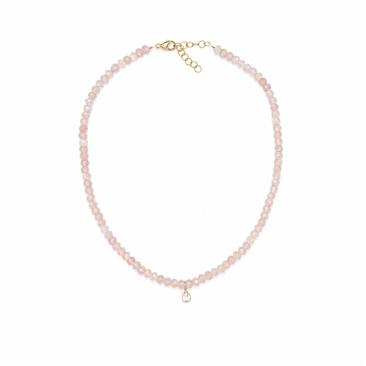 Rose Quartz Beaded Gemstone Necklace with White Topaz Drop