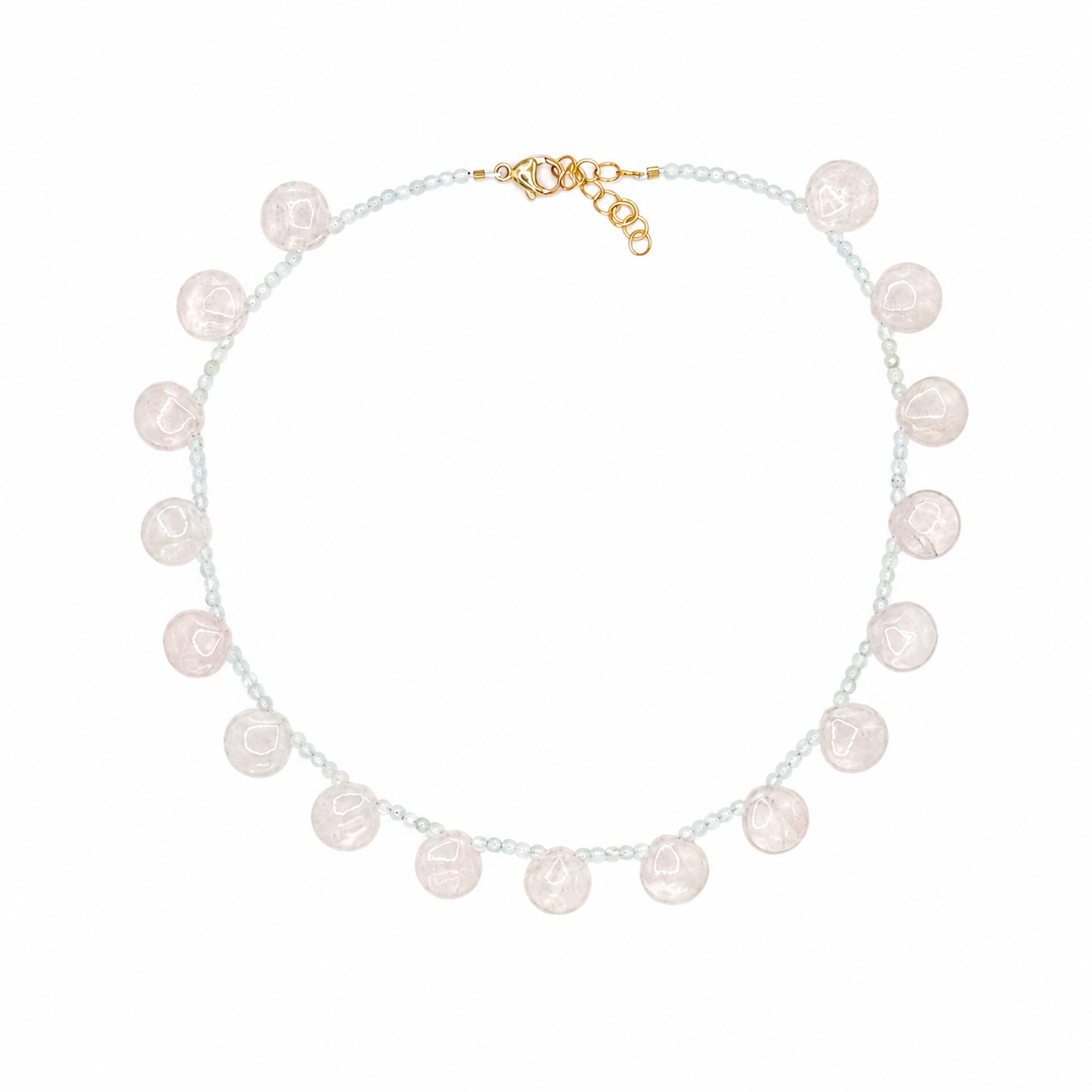 Aquamarine Beaded Gemstone Necklace with Rose Quartz Drops