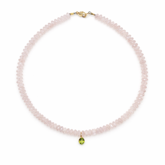 Rose quartz beaded gemstone necklace with peridot drop pendant
