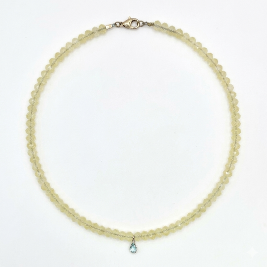 Faceted citrine gemstone necklace with pear blue topaz drop pendant
