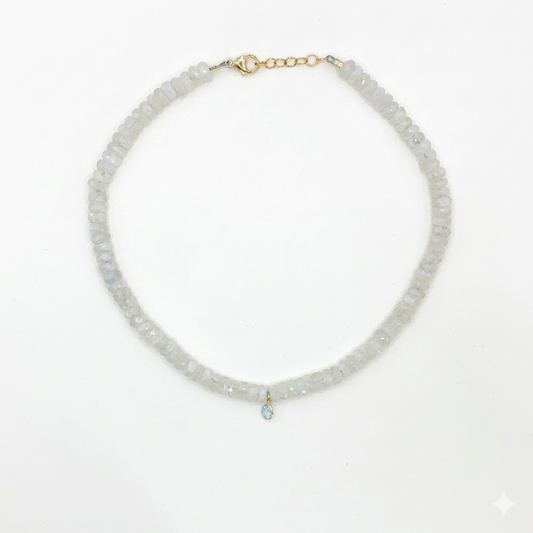 Moonstone beaded gemstone necklace with sky blue topaz pear drop pendant