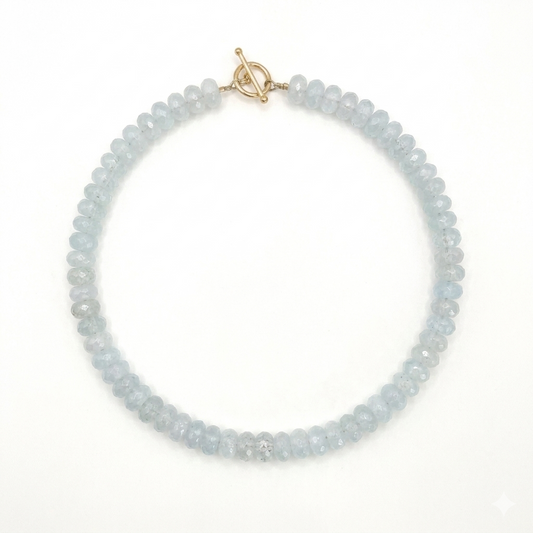 Handmade aquamarine beaded necklace with natural blue gemstone rondelle beads