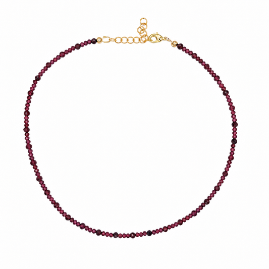 Faceted garnet beaded necklace with patterned 3mm and 4mm beads