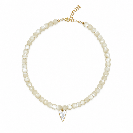 Faceted mother of pearl beaded necklace with mother of pearl heart drop