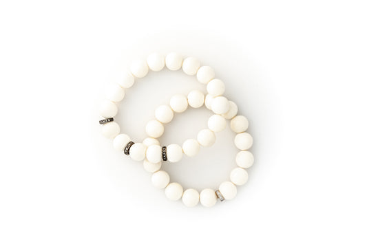 Set of Two White Bone Beaded Bracelet With Pavé Champagne Diamonds in Oxidized Silver 