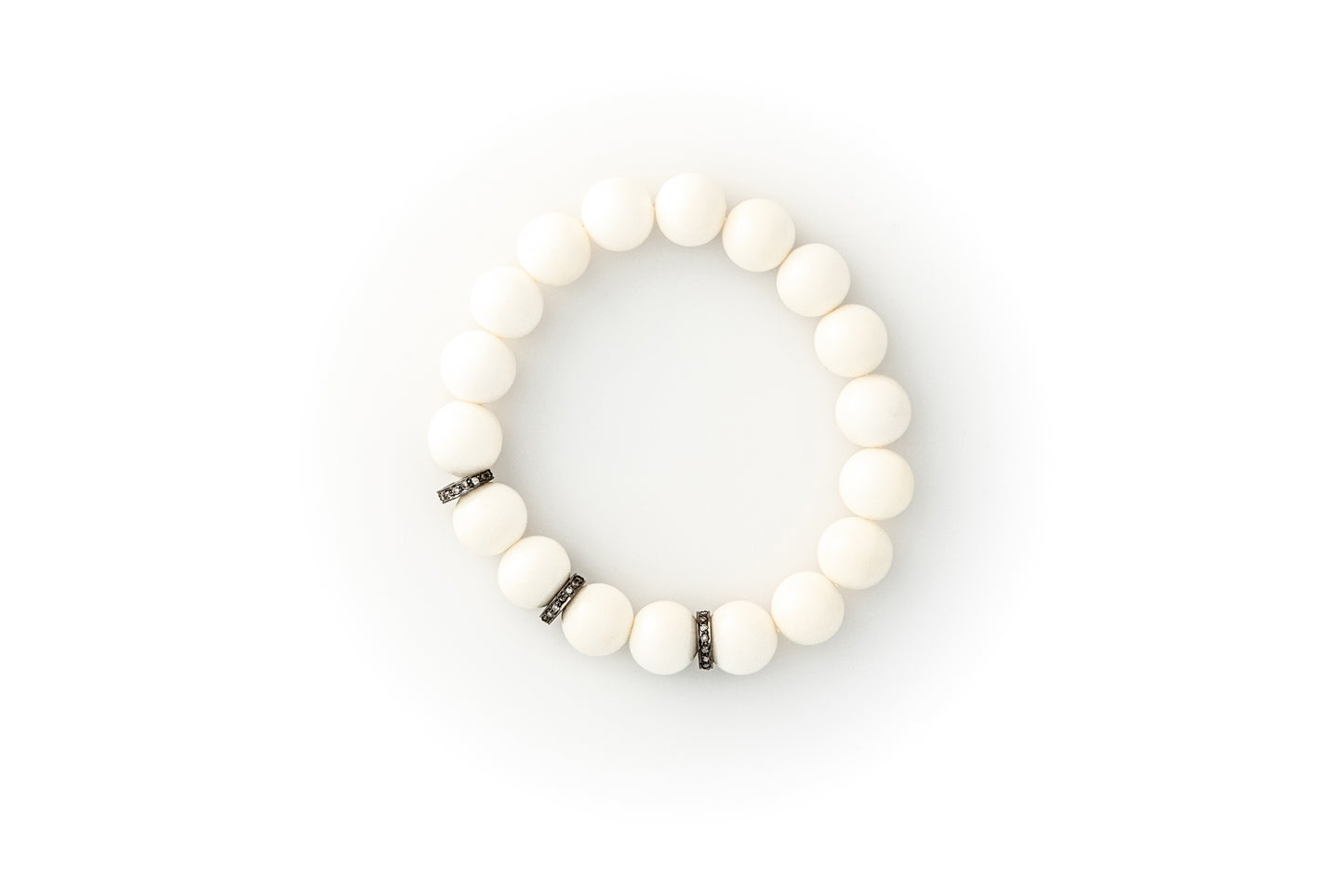 White Bone Beaded Bracelet With Pavé Champagne Diamonds in Oxidized Silver