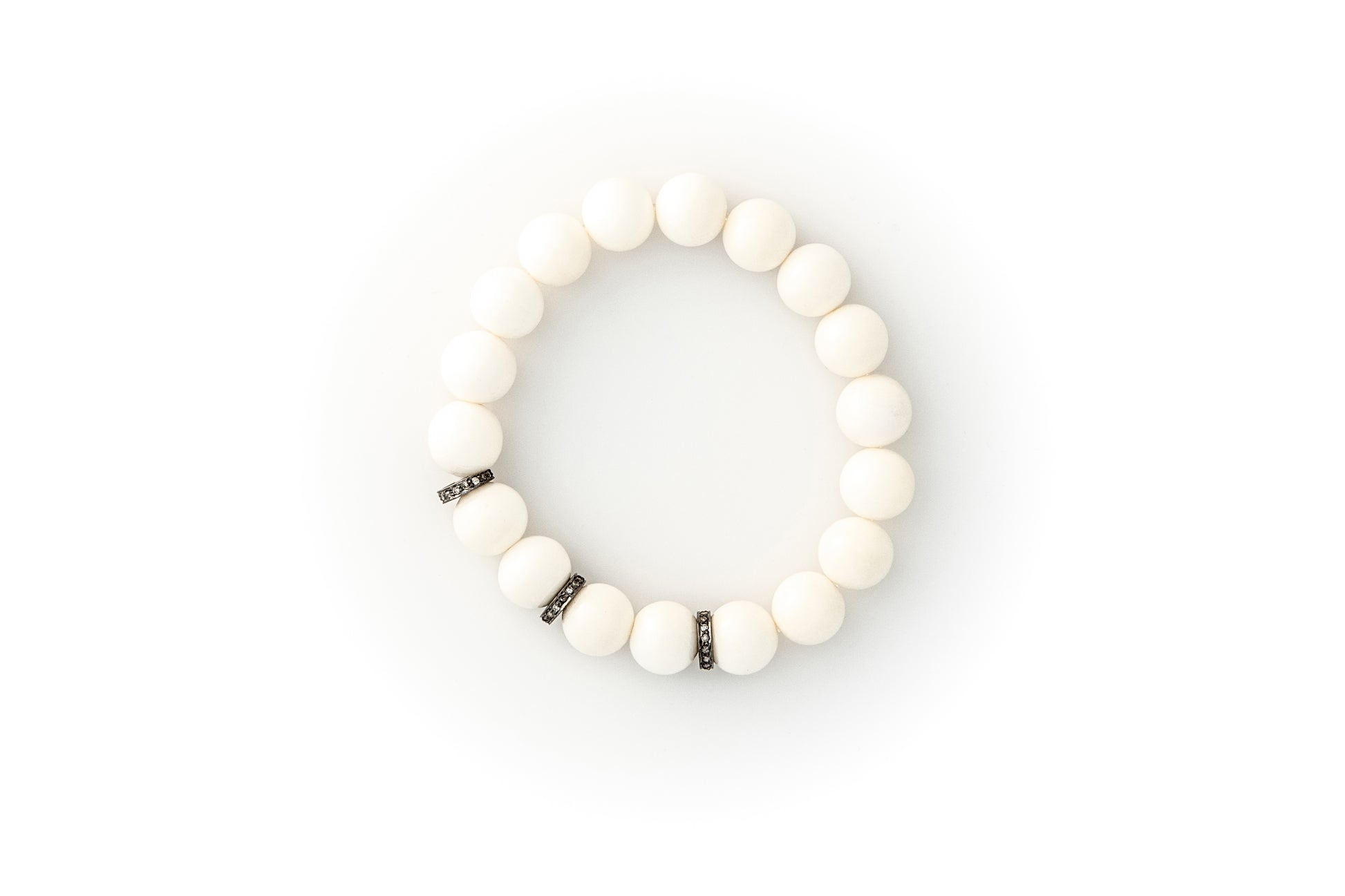 White Bone Beaded Bracelet With Pavé Champagne Diamonds in Oxidized Silver