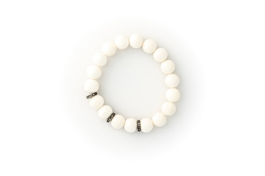 White Bone Beaded Bracelet With Pavé Champagne Diamonds in Oxidized Silver
