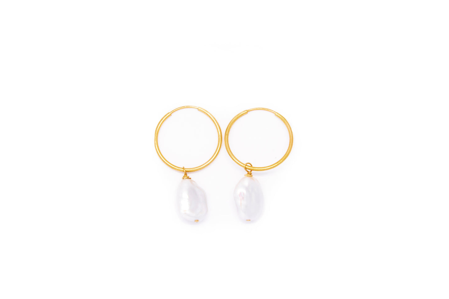 Small Gold Hoop Earrings + White Freshwater Pearl Drop