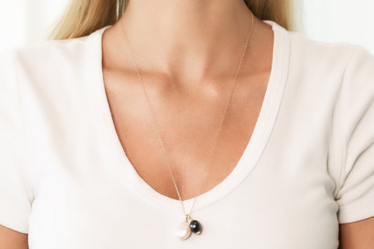 Gold Necklace With Black + White Freshwater Pearl Pendant