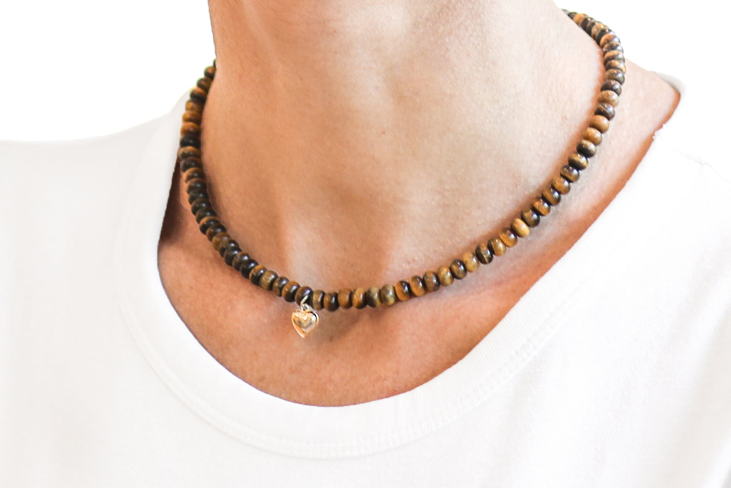 Tiger's Eye Beaded Necklace with Gold Heart Charm