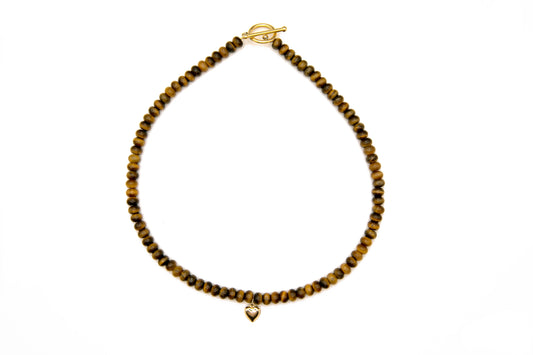 Tiger's Eye Beaded Necklace with Gold Heart Charm