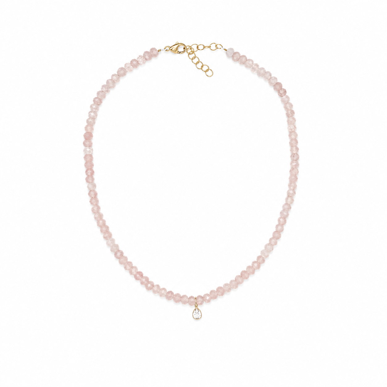 Rose Quartz Beaded Gemstone Necklace with White Topaz Drop