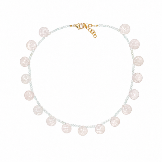 Aquamarine Beaded Gemstone Necklace with Rose Quartz Drops