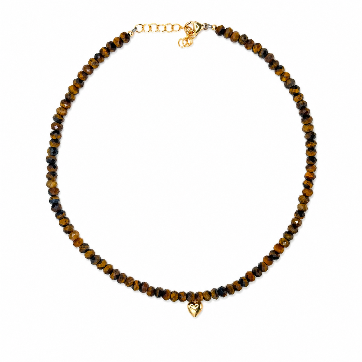Faceted Tiger's Eye Beaded Necklace with Gold Heart Charm