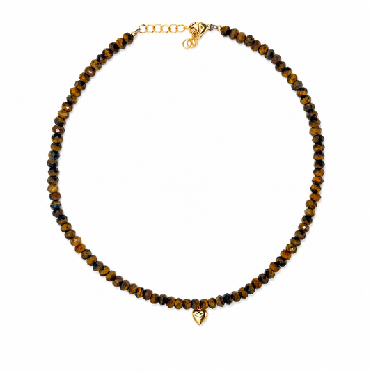 Faceted Tiger's Eye Beaded Necklace with Gold Heart Charm