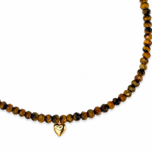 Faceted Tiger's Eye Beaded Necklace with Gold Heart Charm