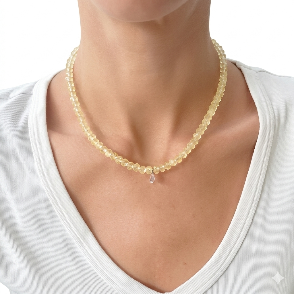 Faceted citrine gemstone necklace with pear blue topaz drop pendant