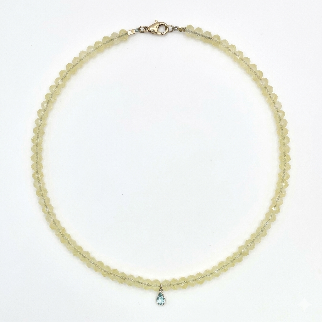 Faceted citrine gemstone necklace with pear blue topaz drop pendant