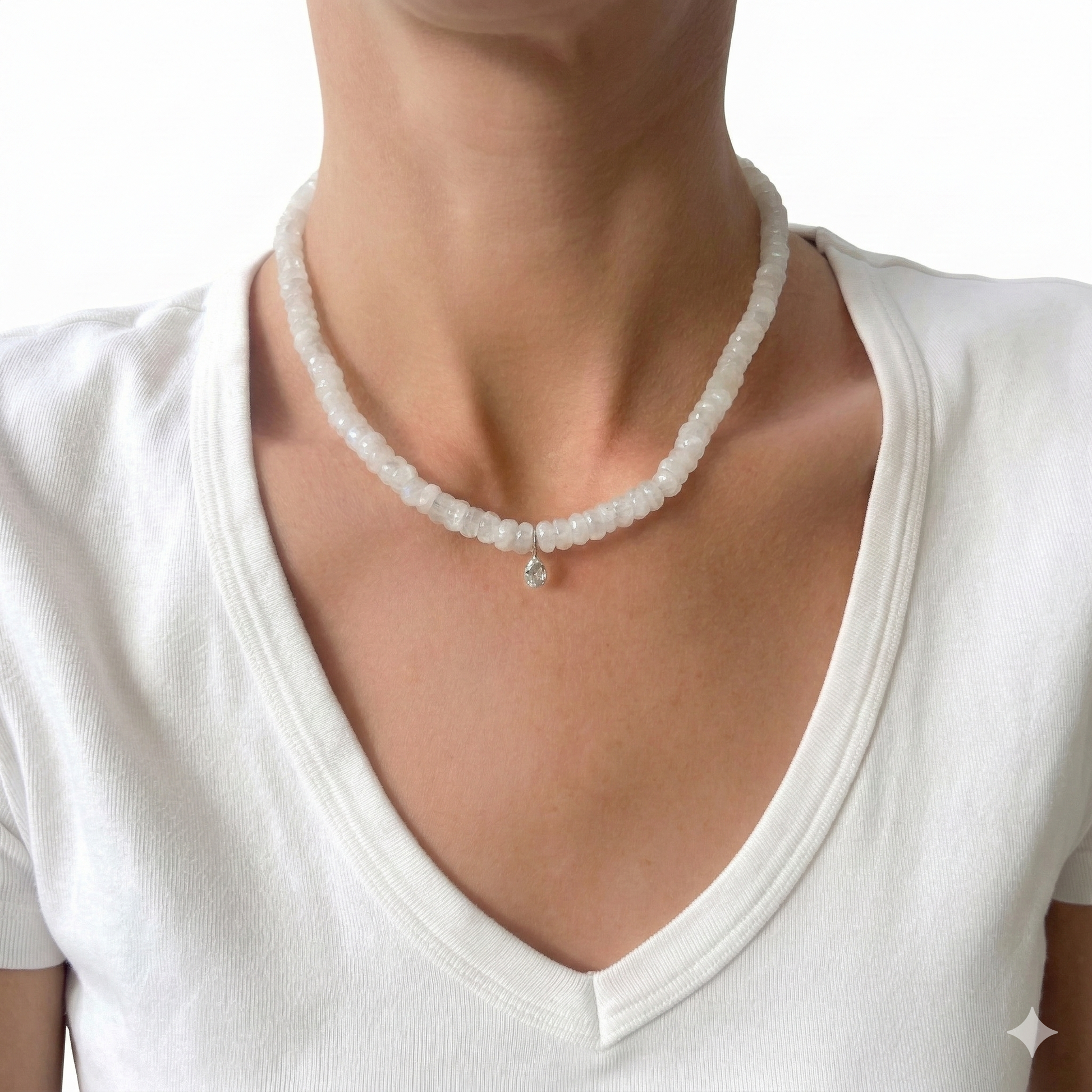 Moonstone beaded gemstone necklace with sky blue topaz pear drop pendant