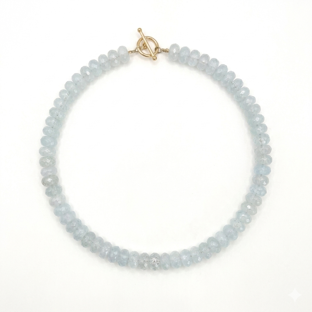 Handmade aquamarine beaded necklace with natural blue gemstone rondelle beads
