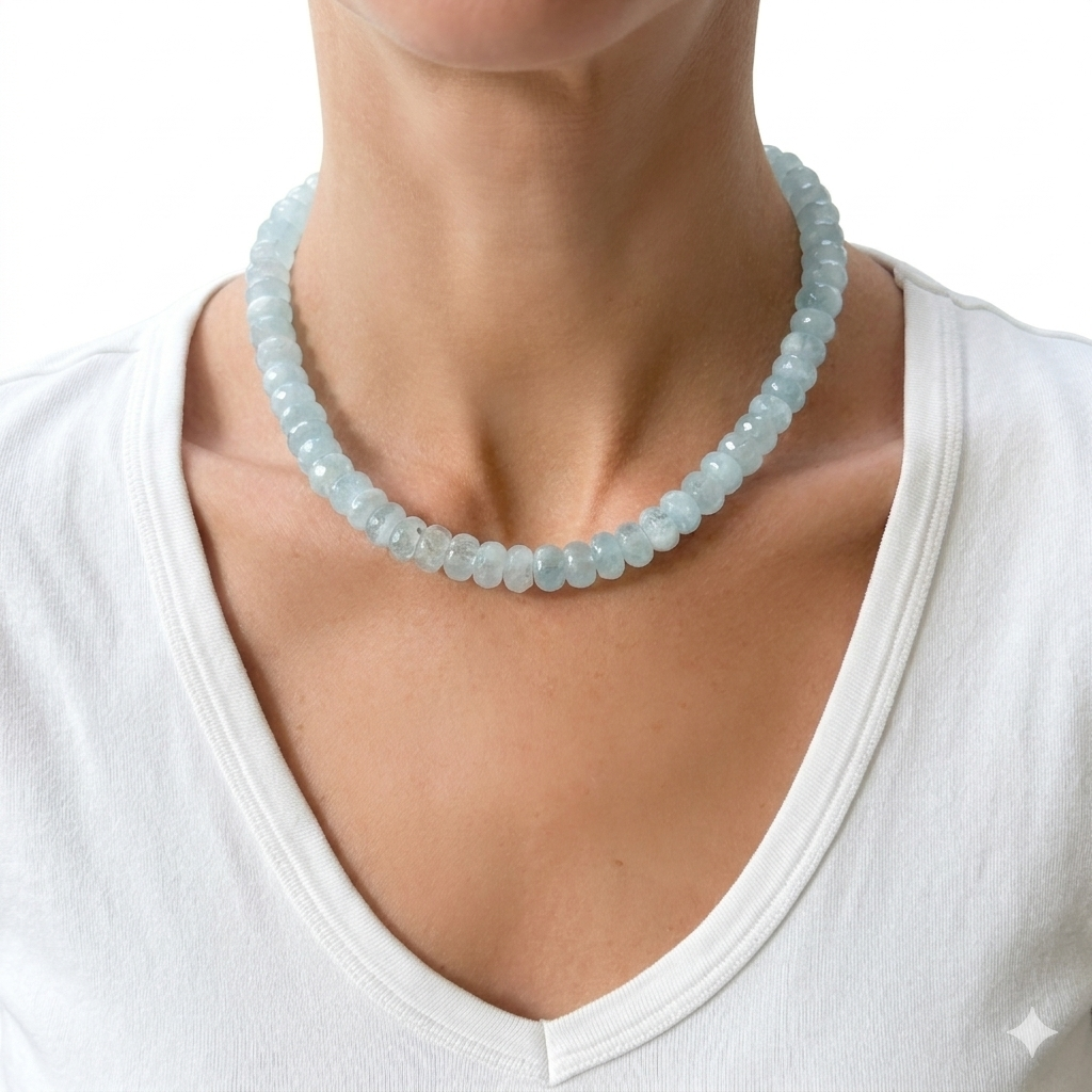Handmade aquamarine beaded necklace with natural blue gemstone rondelle beads