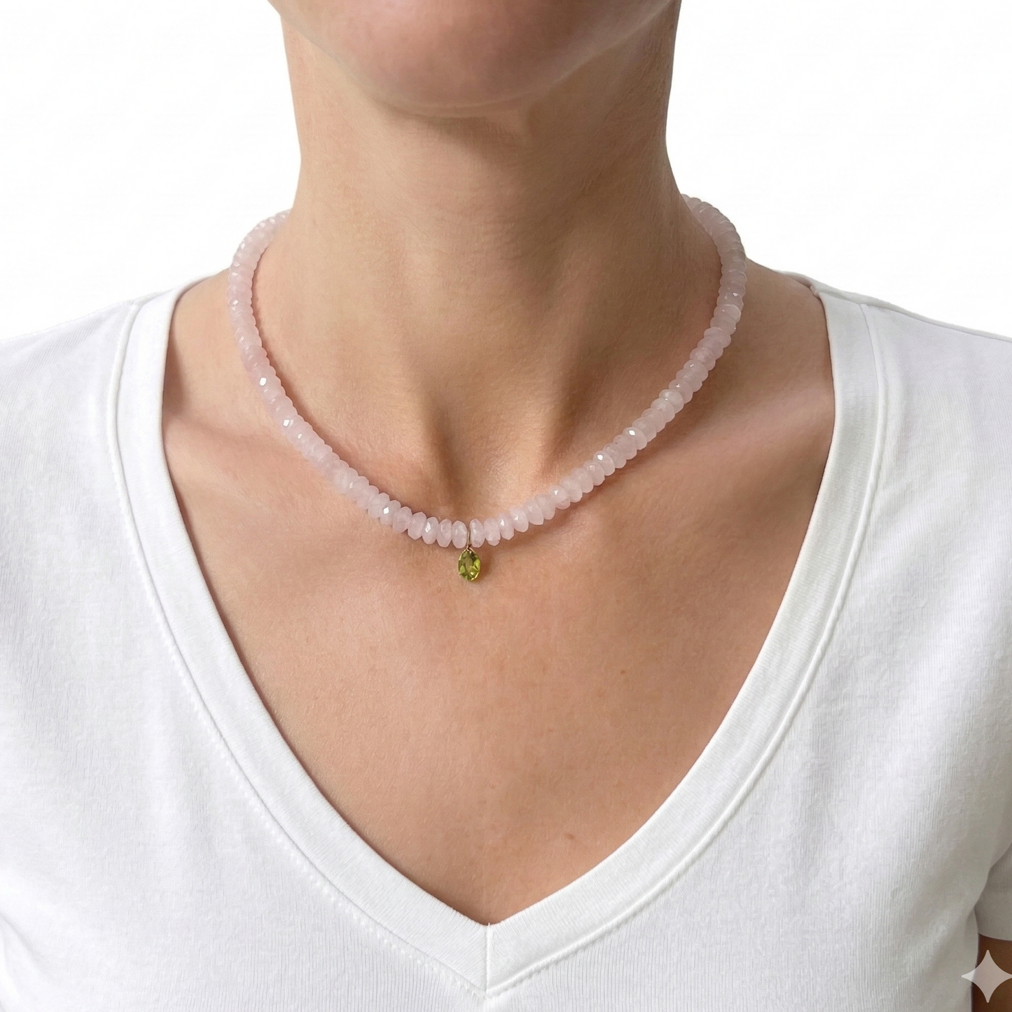 Rose quartz beaded gemstone necklace with peridot drop pendant