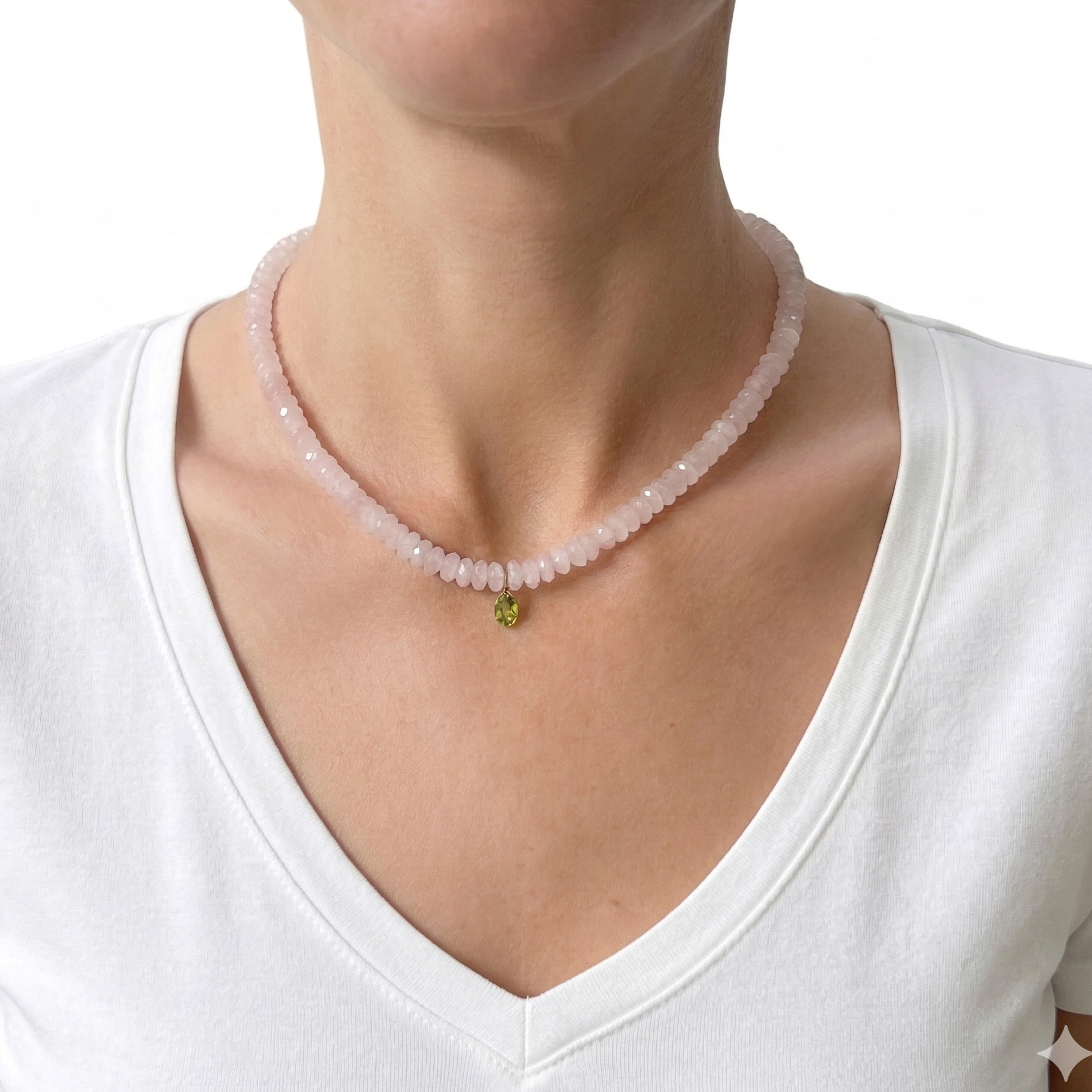 Rose quartz beaded gemstone necklace with peridot drop pendant