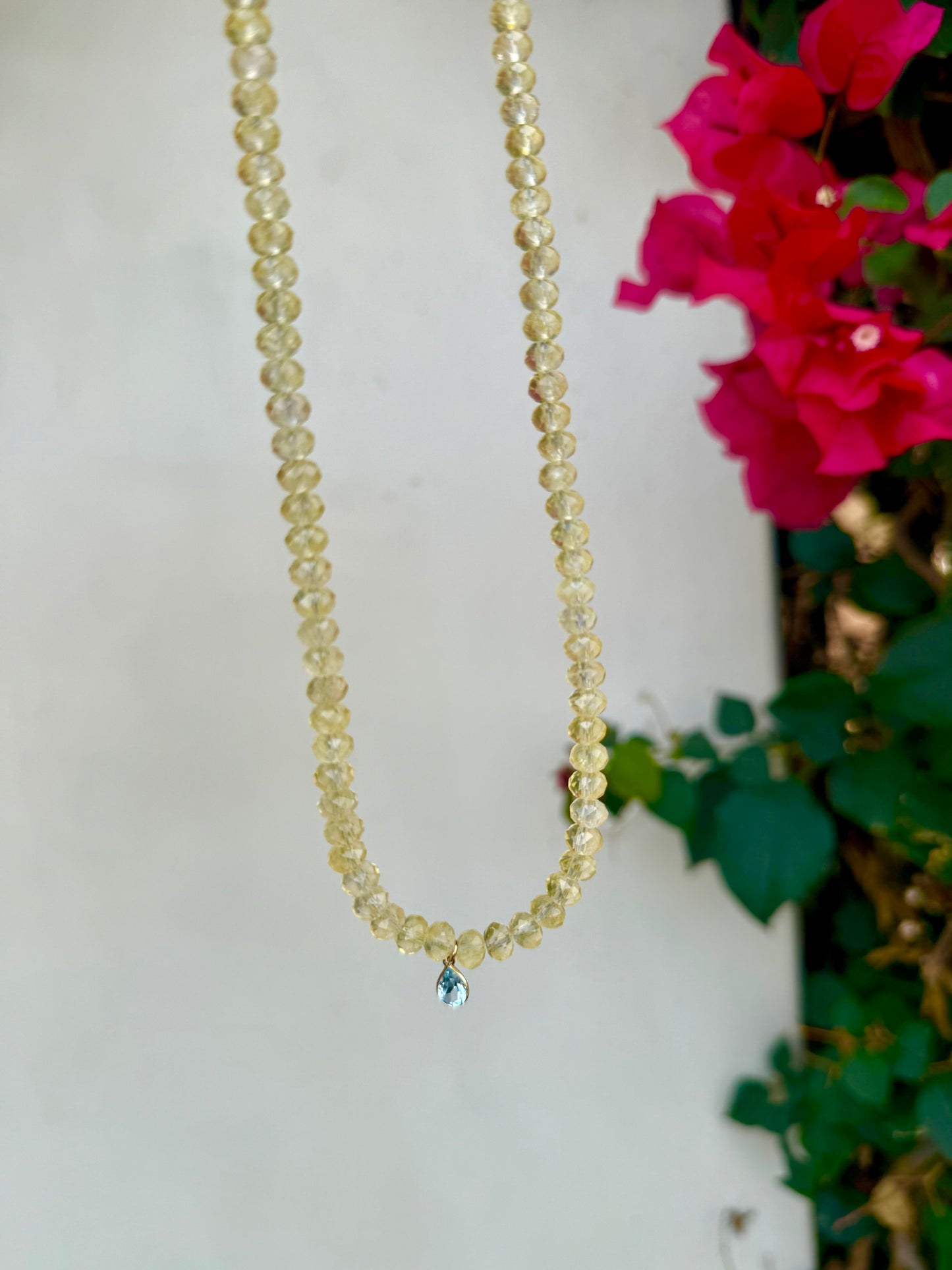 Citrine Beaded Gemstone Necklace with Blue Topaz Pear Drop