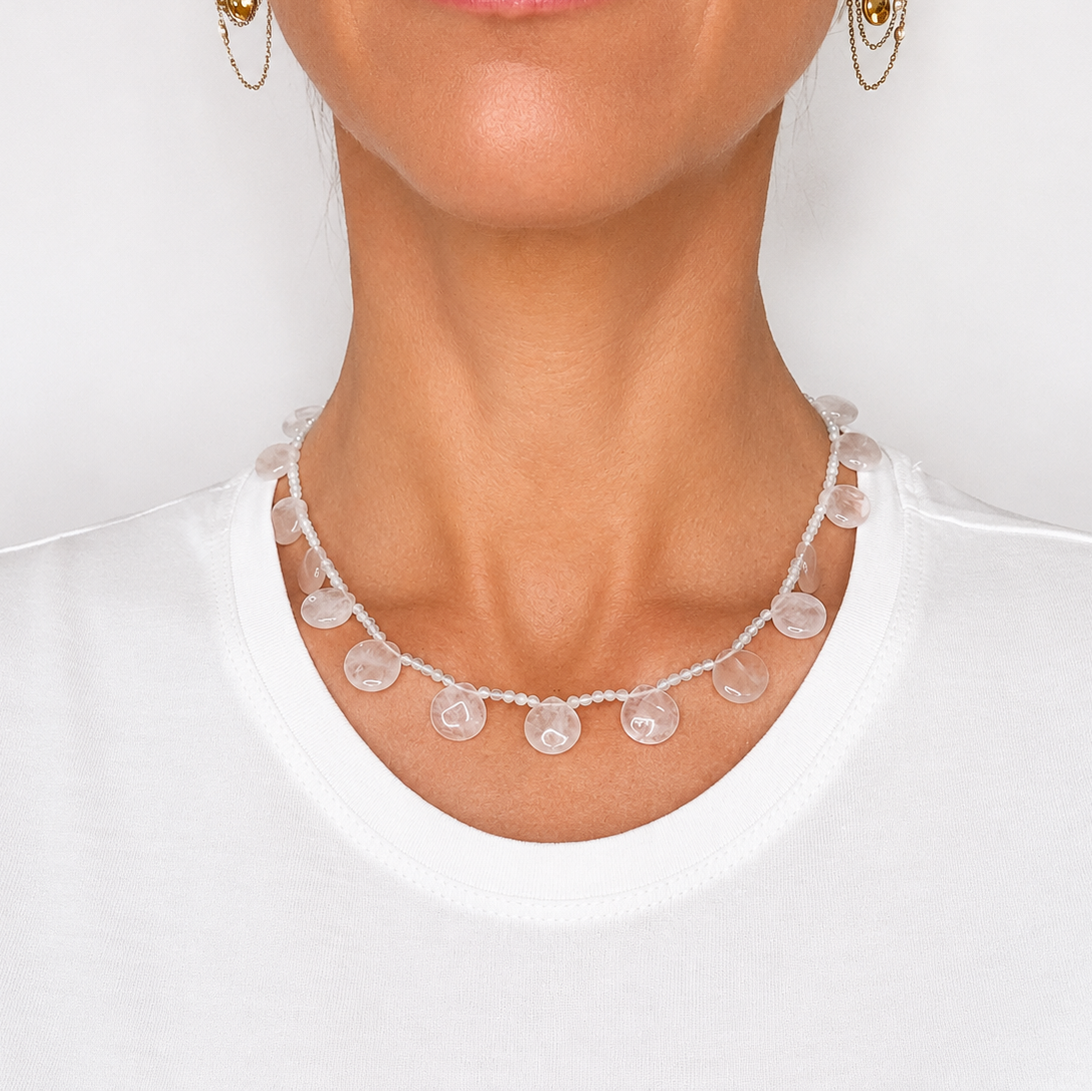 Faceted aquamarine beaded necklace with smooth rose quartz pear drops