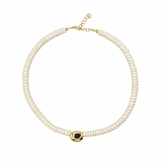 Cream bone beaded necklace with 7mm disc beads and gold filled center accent