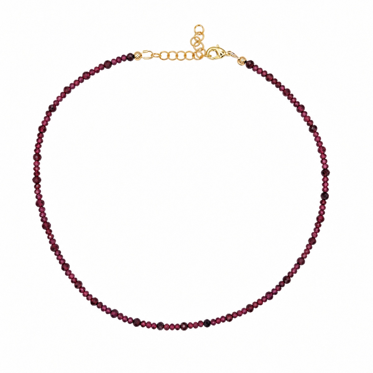 Faceted garnet beaded necklace with patterned 3mm and 4mm beads
