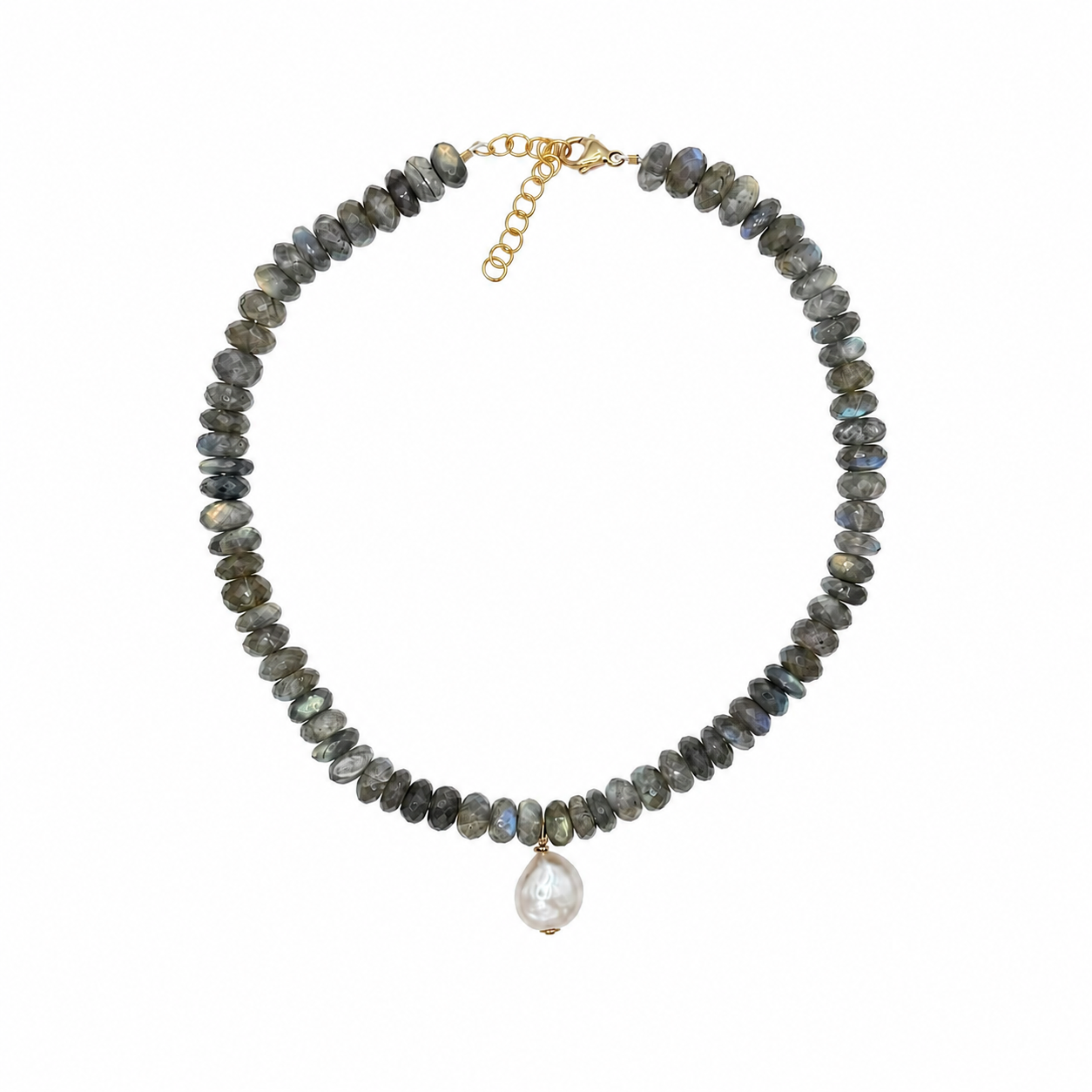 Faceted labradorite beaded necklace with white freshwater pearl drop