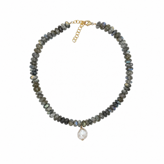 Faceted labradorite beaded necklace with white freshwater pearl drop