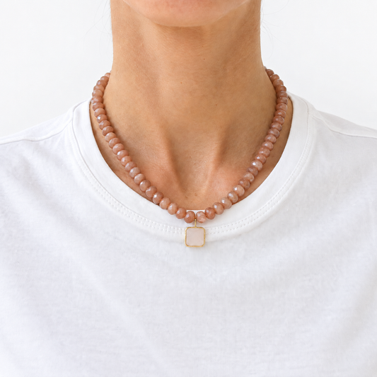 Faceted Peach Moonstone Beaded Necklace with Rose Quartz Pendant