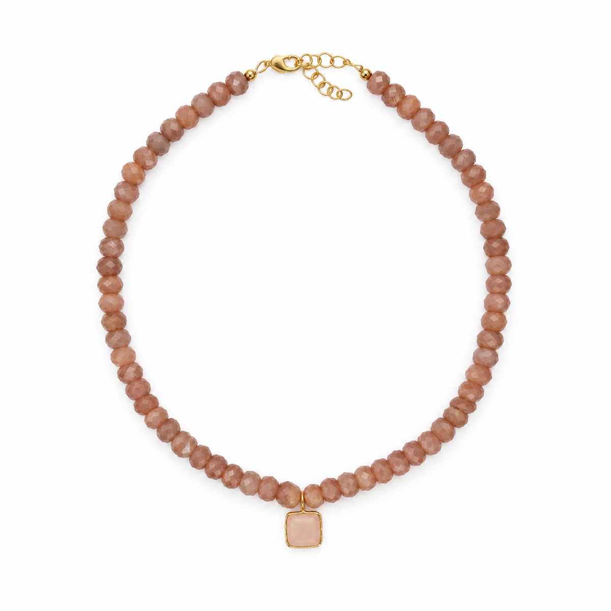 Faceted peach moonstone beaded necklace with square rose quartz pendant
