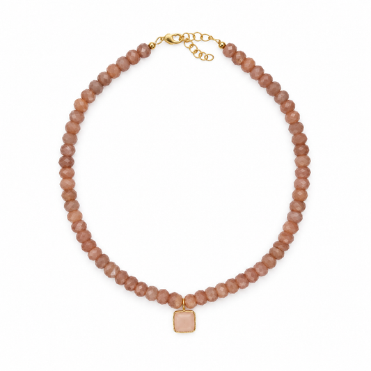 Faceted peach moonstone beaded necklace with square rose quartz pendant