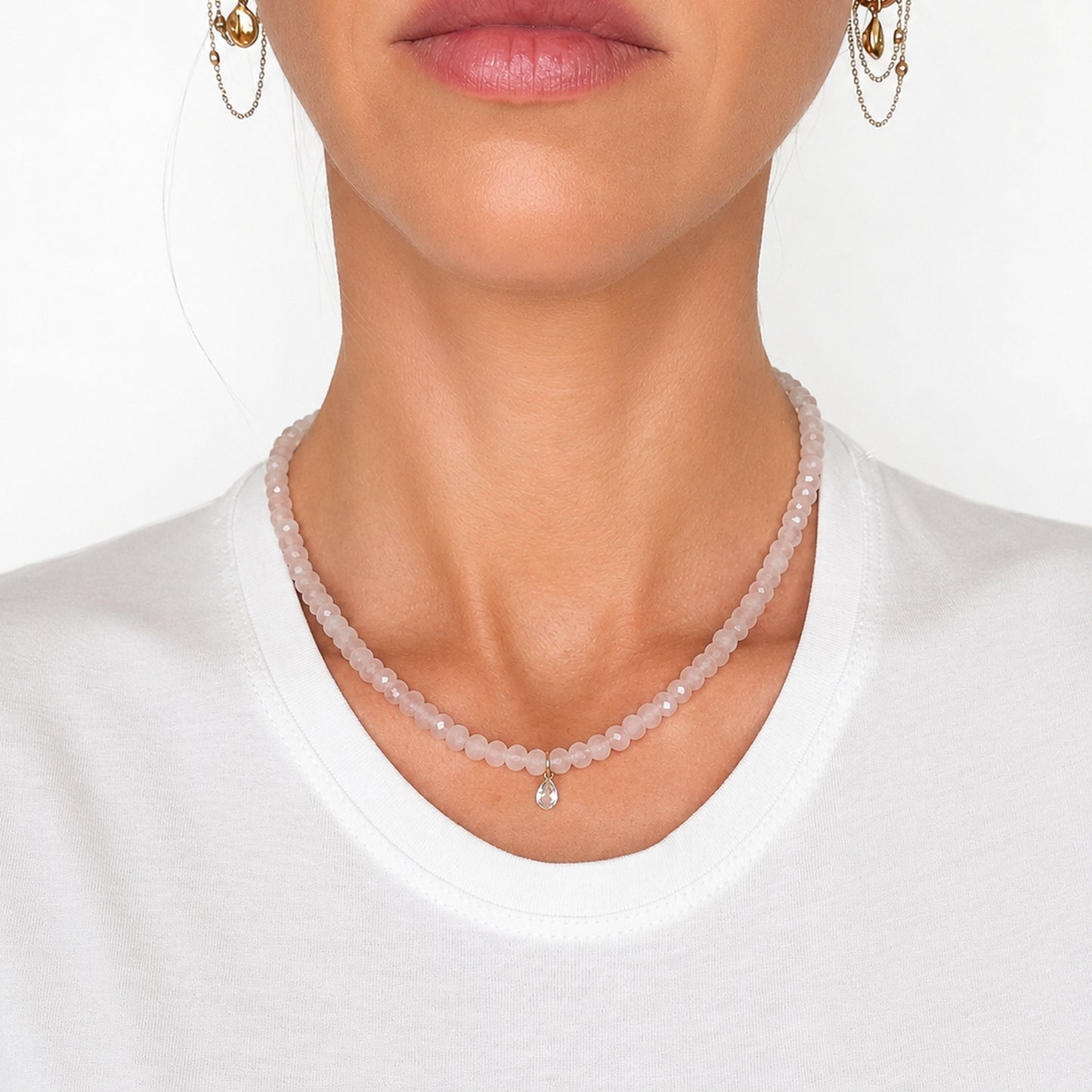 Rose Quartz Beaded Gemstone Necklace with White Topaz Drop