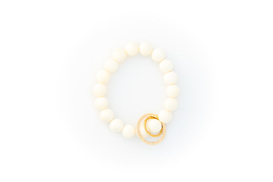 White Bone Beaded Bracelet With Two Solid 14k Yellow Gold Circle Charms