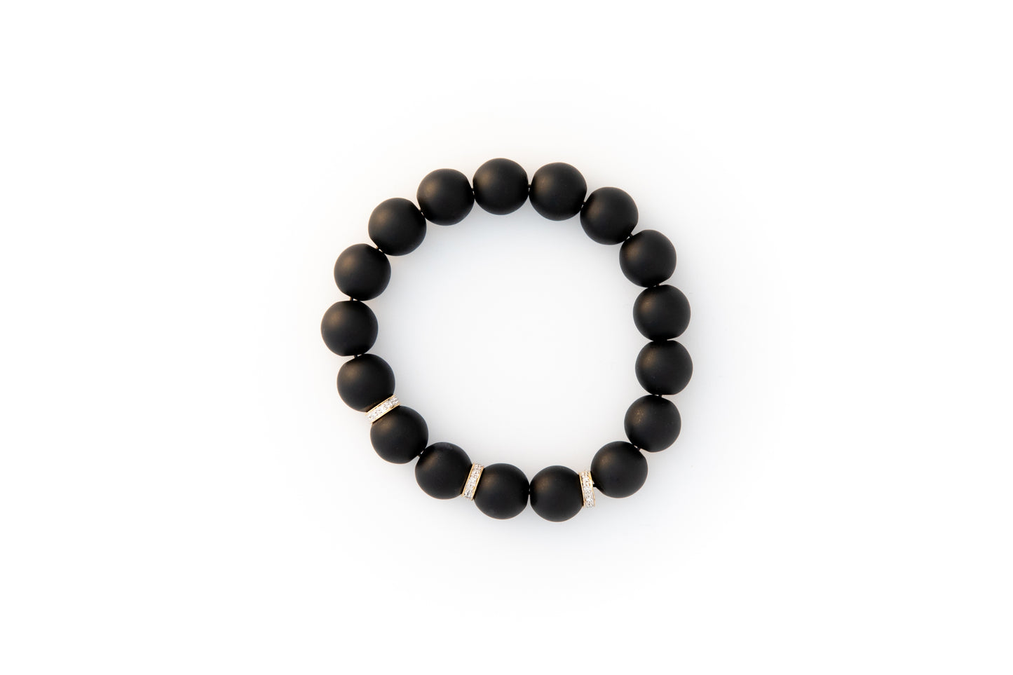 Black Onyx Beaded Bracelet With Three Pavé Diamond Spacer Beads Set in 14k Gold