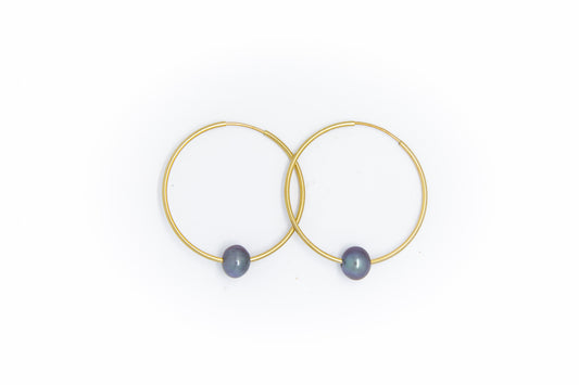 Medium Gold Hoop Earrings + Black or White Pearl