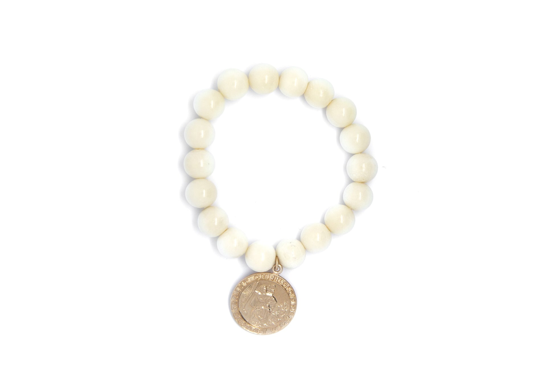 White Bone Bead Bracelet Adorned With a  Yellow Gold Filled St Christopher Medallion Coin Charm