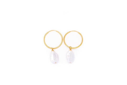 Small Gold Hoop Earrings + White Freshwater Pearl Drop