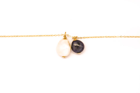 Gold Necklace With Black + White Freshwater Pearl Pendant