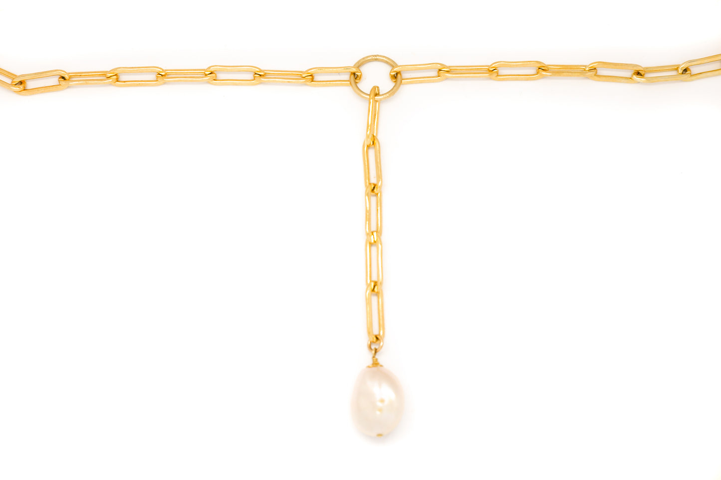 Medium Gold Oval Link Chain Lariat Necklace + White Freshwater Pearl