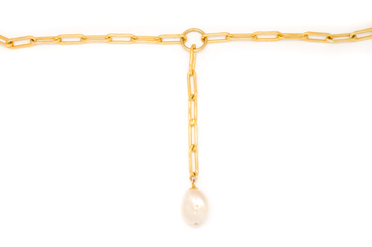 Medium Gold Oval Link Chain Lariat Necklace + White Freshwater Pearl