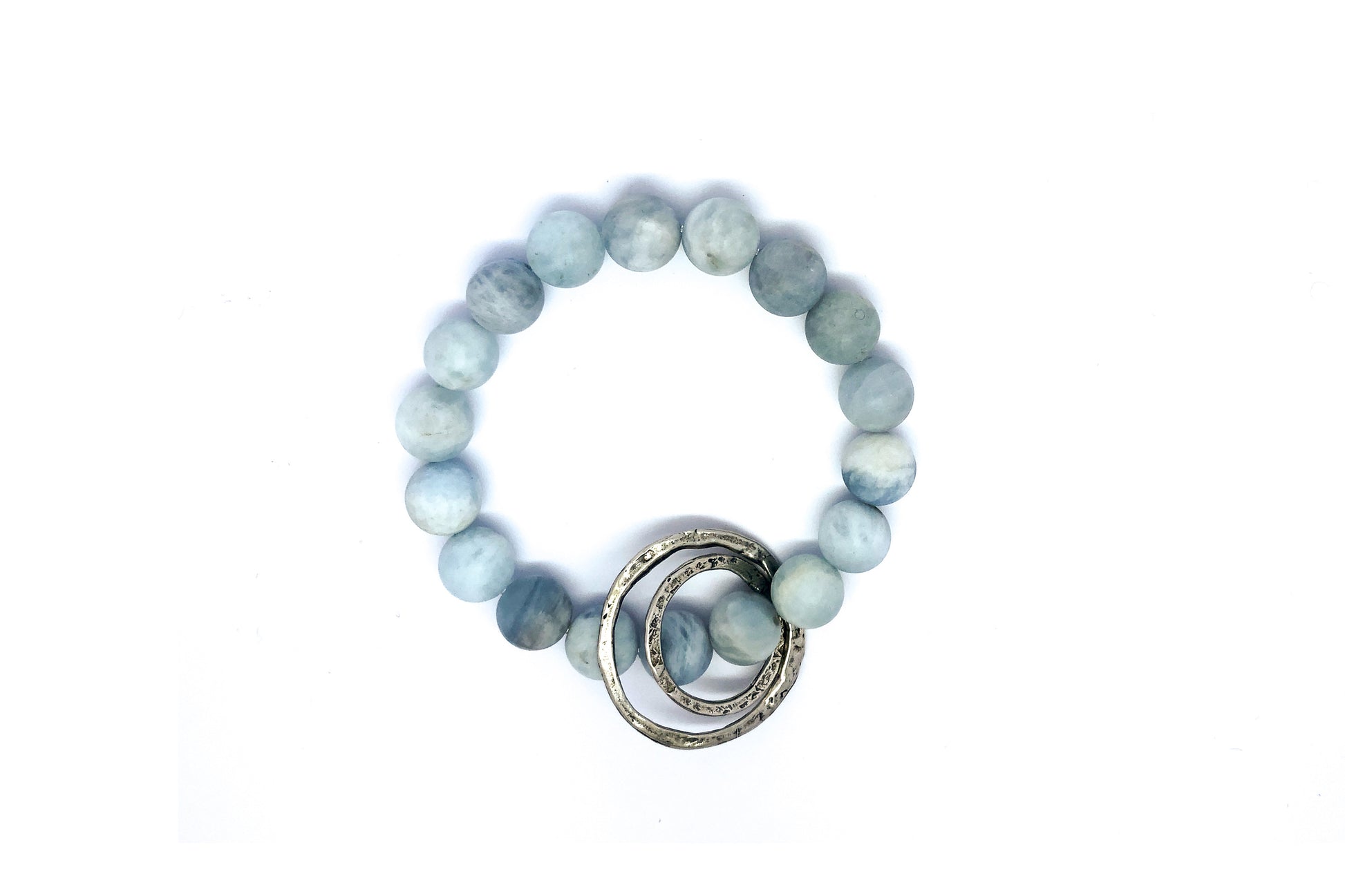 Light Blue Aquamarine Beaded Bracelet with 2 Hammered Sterling Silver Circle Charms