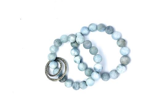 Set of Two Aquamarine Beaded Bracelet with Sterling Silver Circle Charms