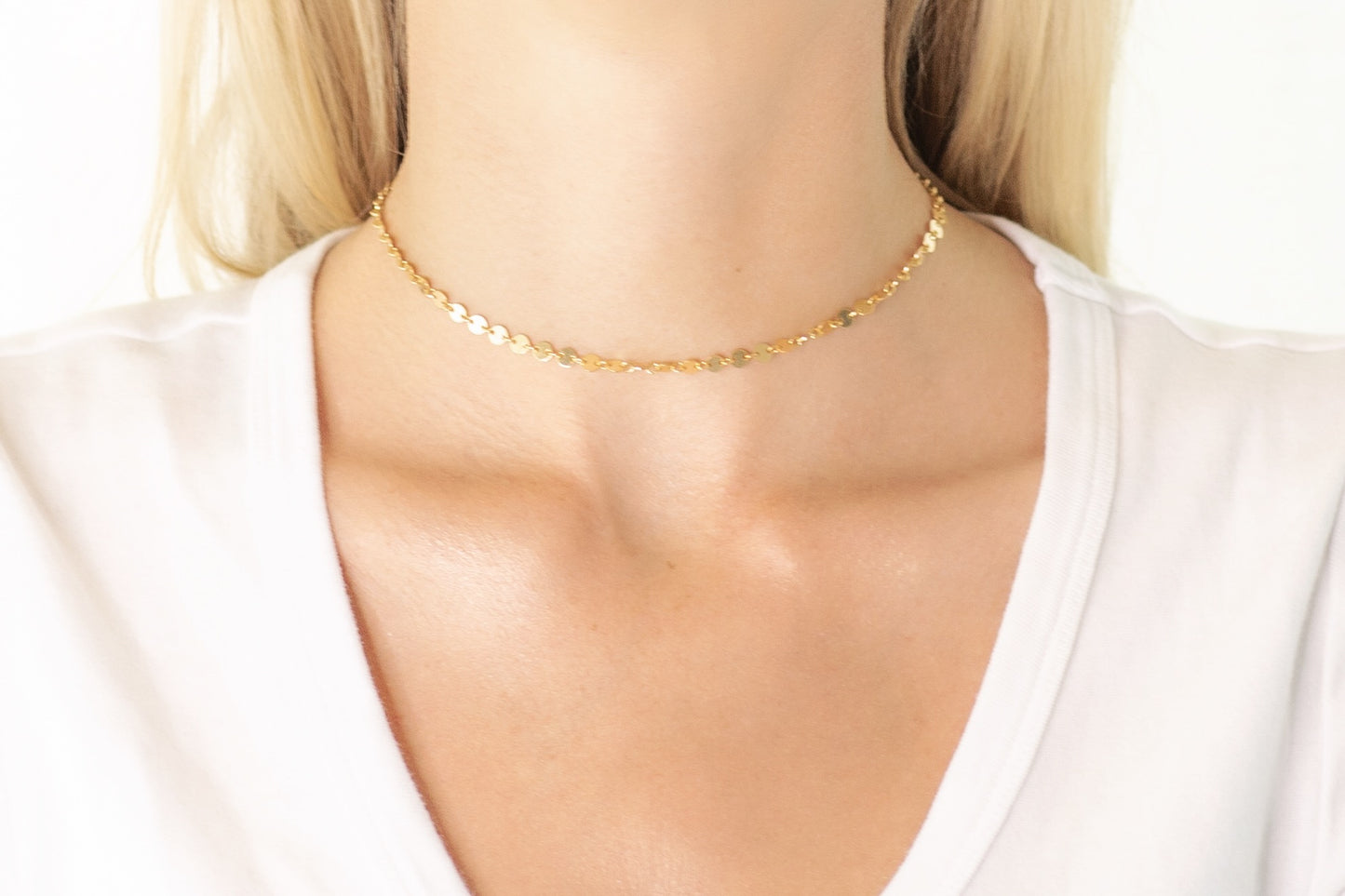 Gold Round Disc Chain Choker Necklace