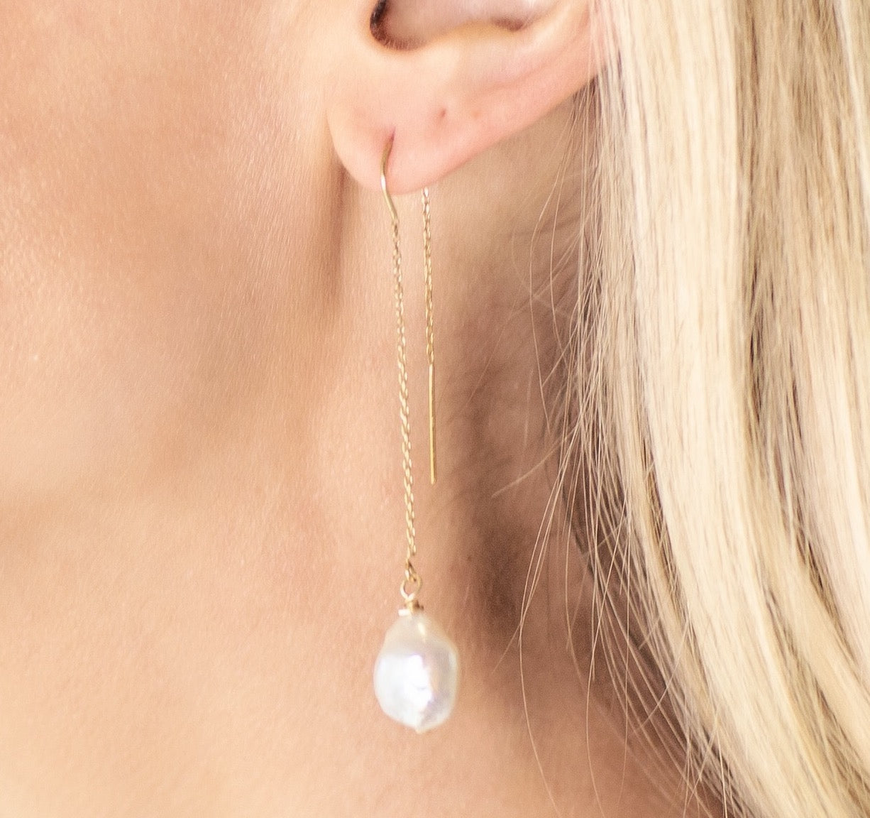 14k Yellow Gold Threader Earrings with White Freshwater Pearl Drops from Arm Candy By Kelly